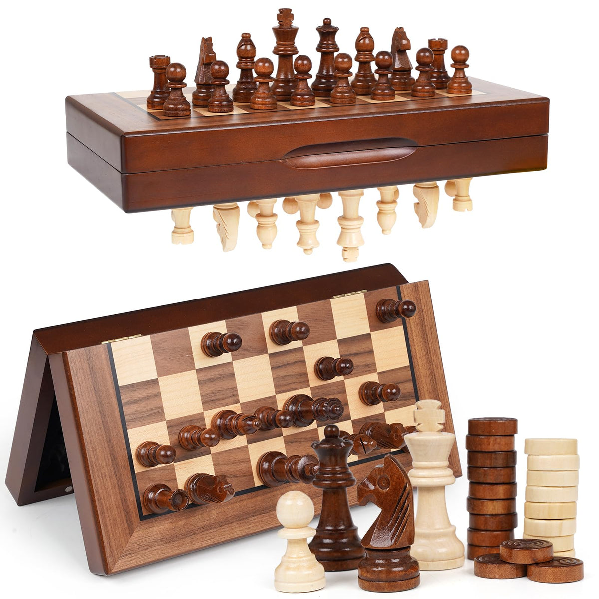Agirlgle 2in1 chess-checkers board folding with dual gameplay in a portable setup.