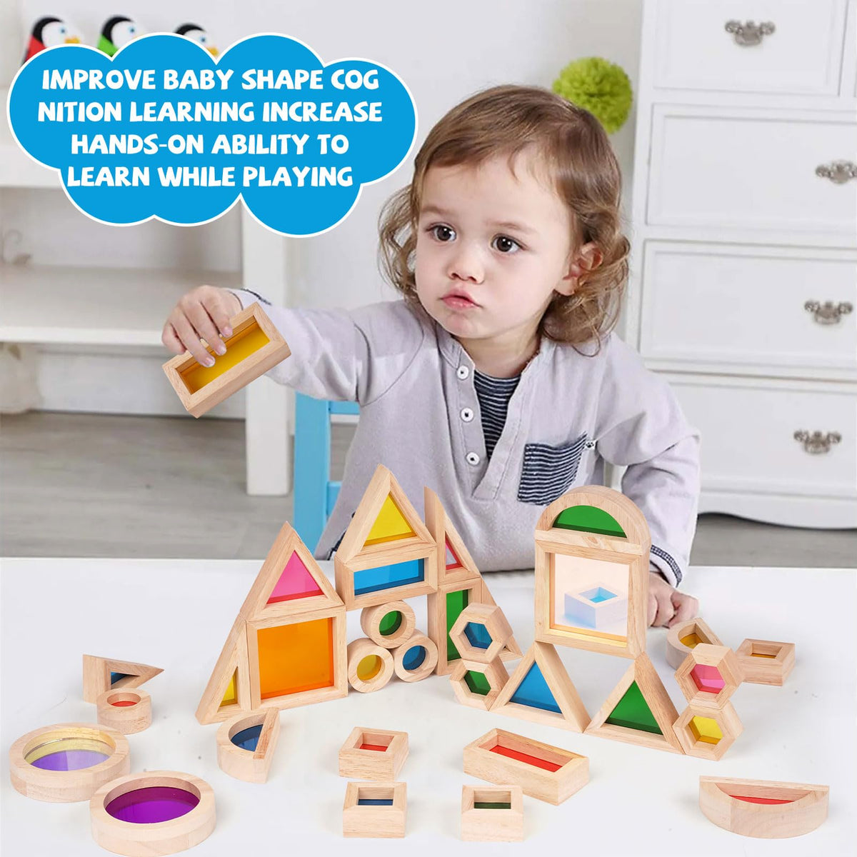 Agirlgle rainbow blocks for stacking, sorting, and imaginative play.