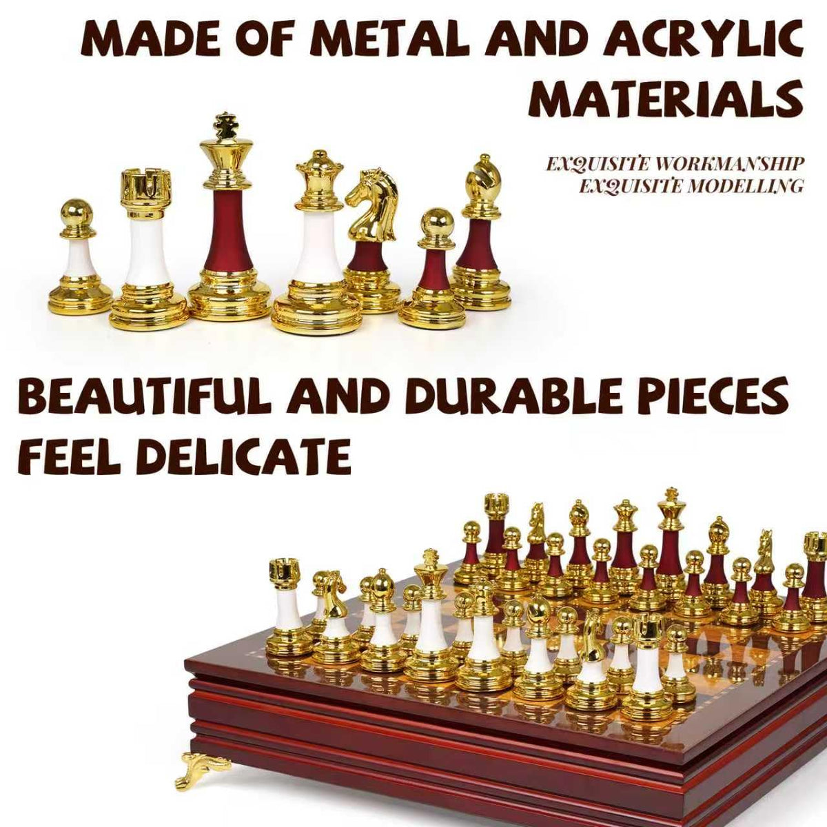 Agirlgle acrylic-finish chess pieces offer premium metallic look and durable surface.