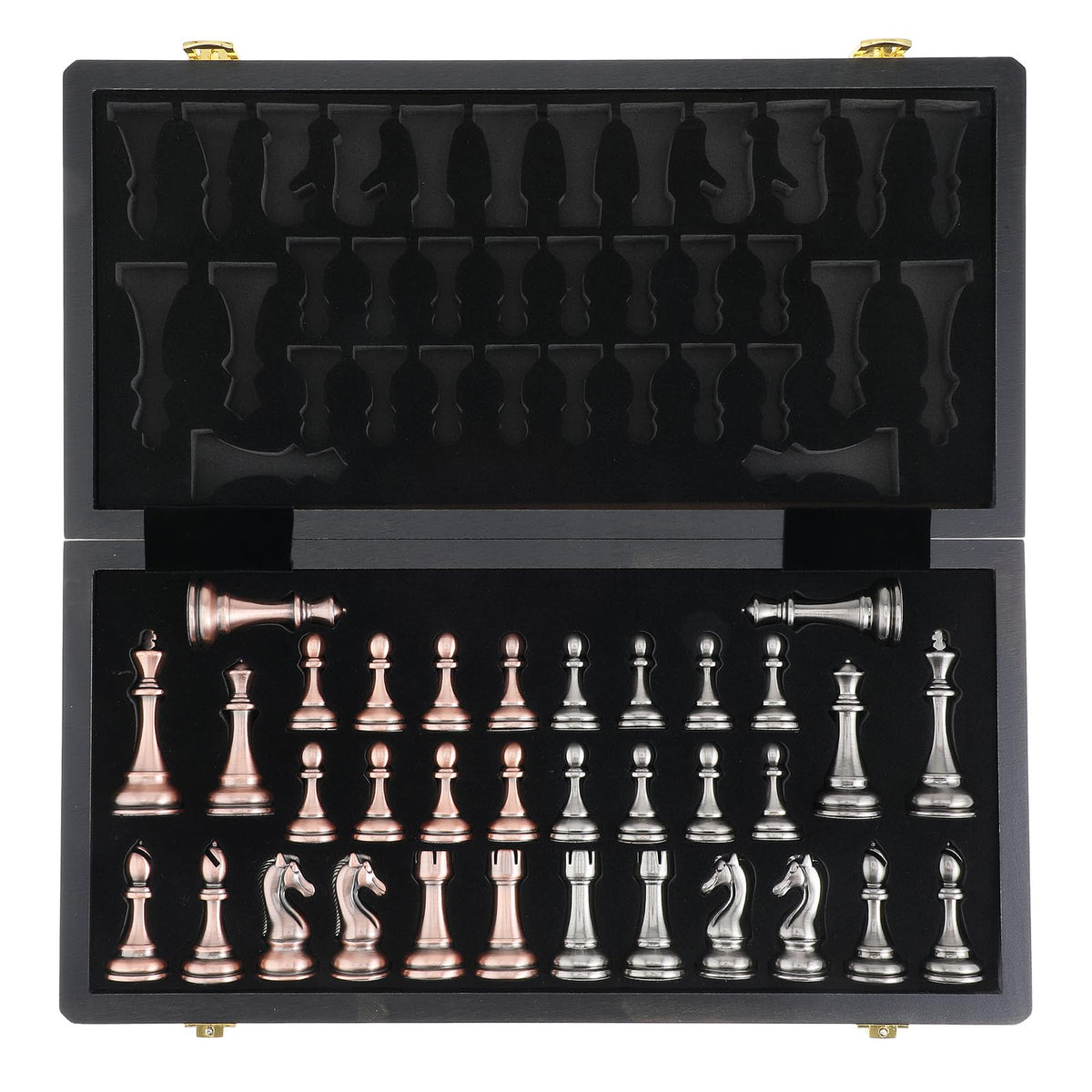 Agirlgle chess set storage compartment keeps pieces organized.