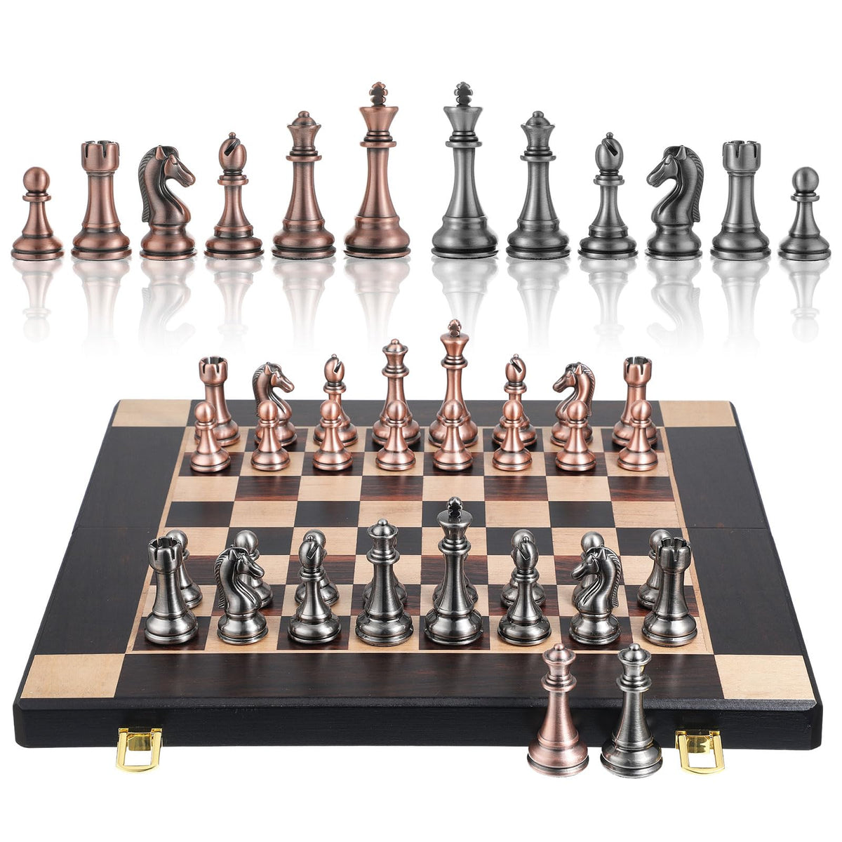 Agirlgle chess set designed for travel, compact and ready to play.