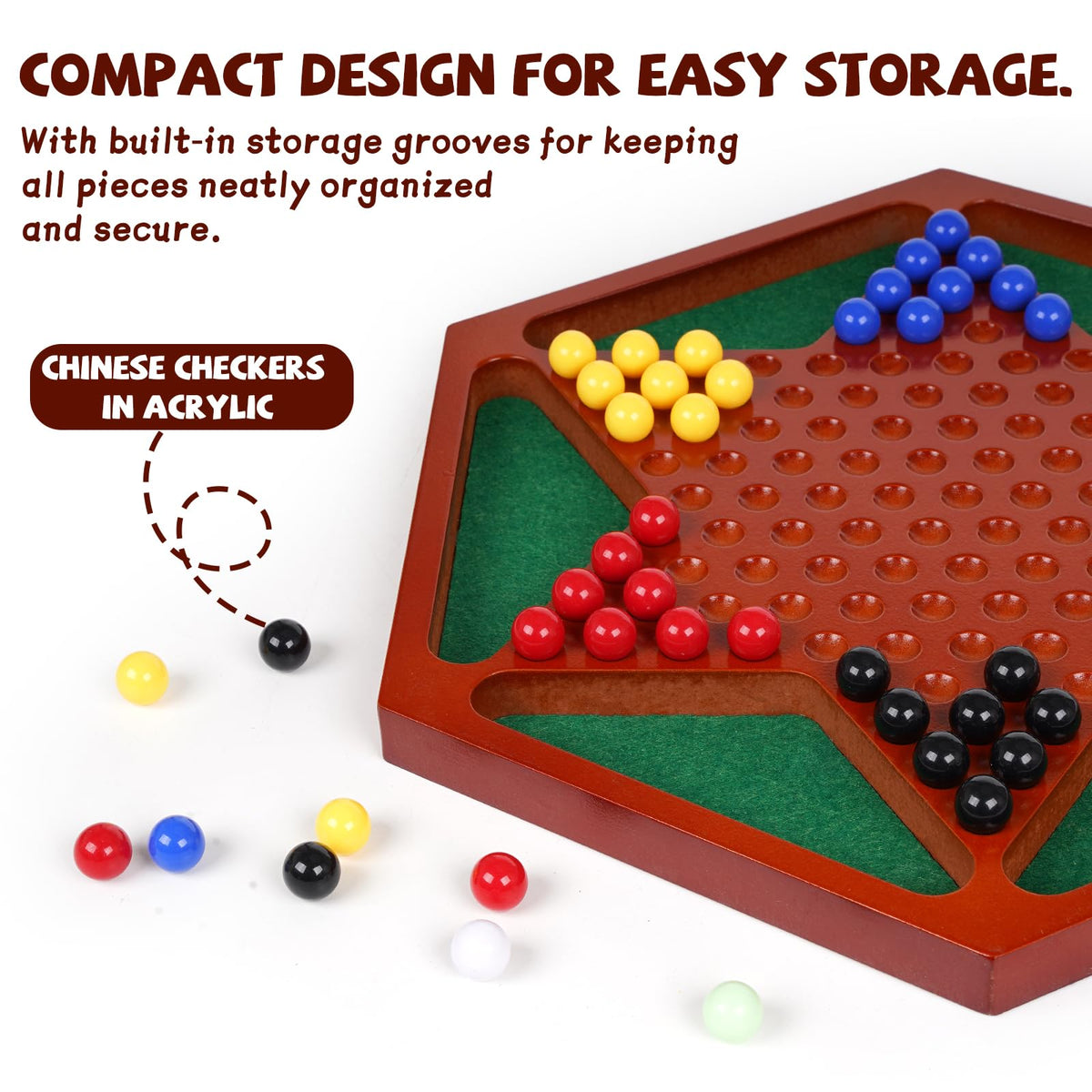 Agirlgle acrylic marbles in bold colors for quick player identification.