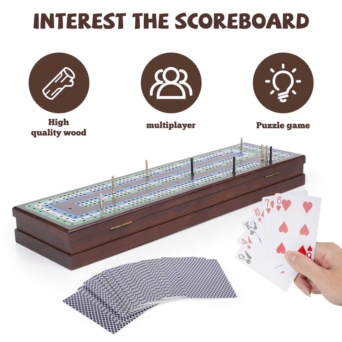 Agirlgle cribbage board with magnetic lock storage drawer keeps pieces secure during travel