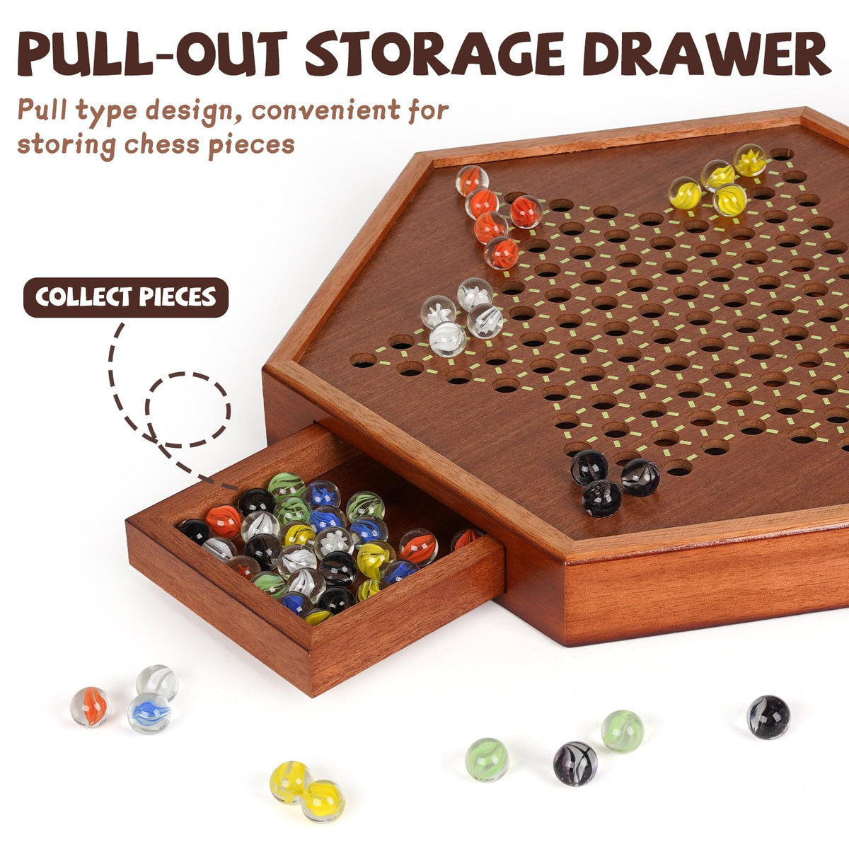 Agirlgle dual-side storage drawer keeps marbles organized for quick setup and tidy shelves.