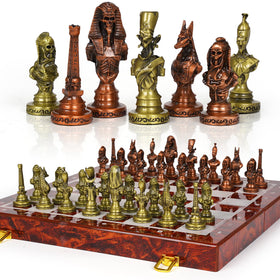 Agirlgle Egyptian metal chess set on an ornate board for display and play