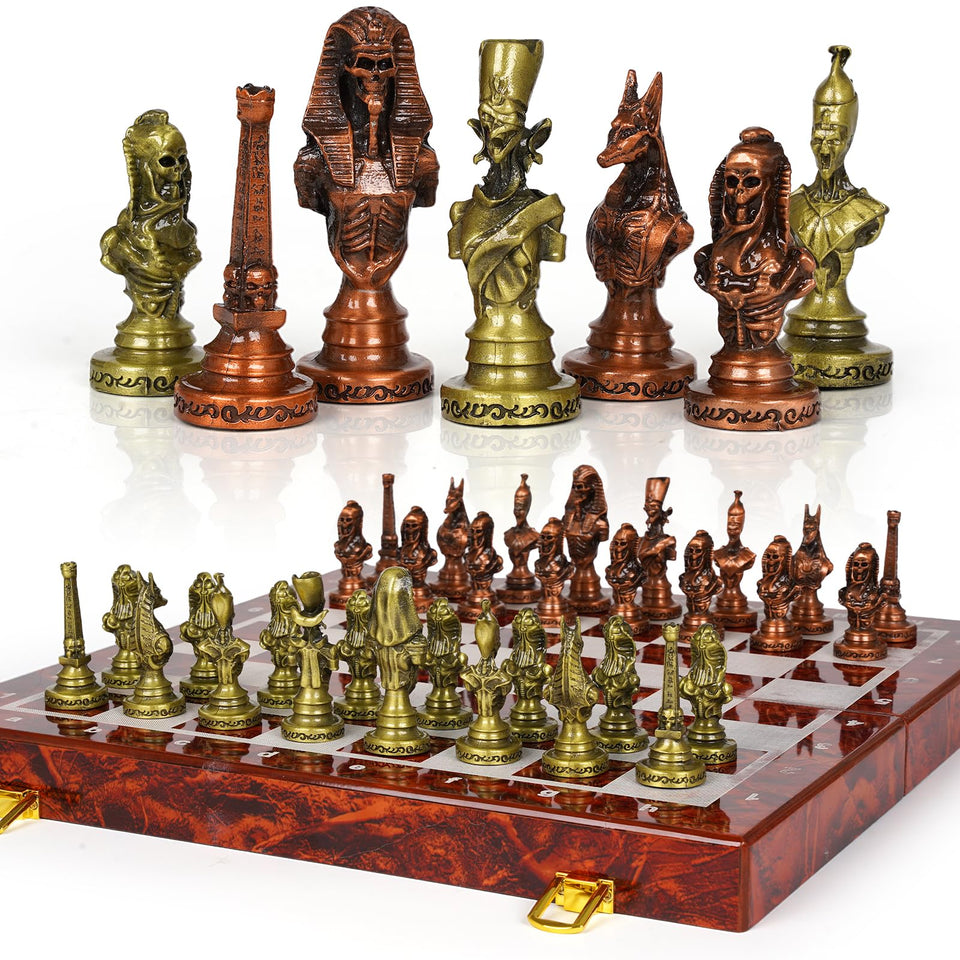 Agirlgle Egyptian metal chess set on an ornate board for display and play
