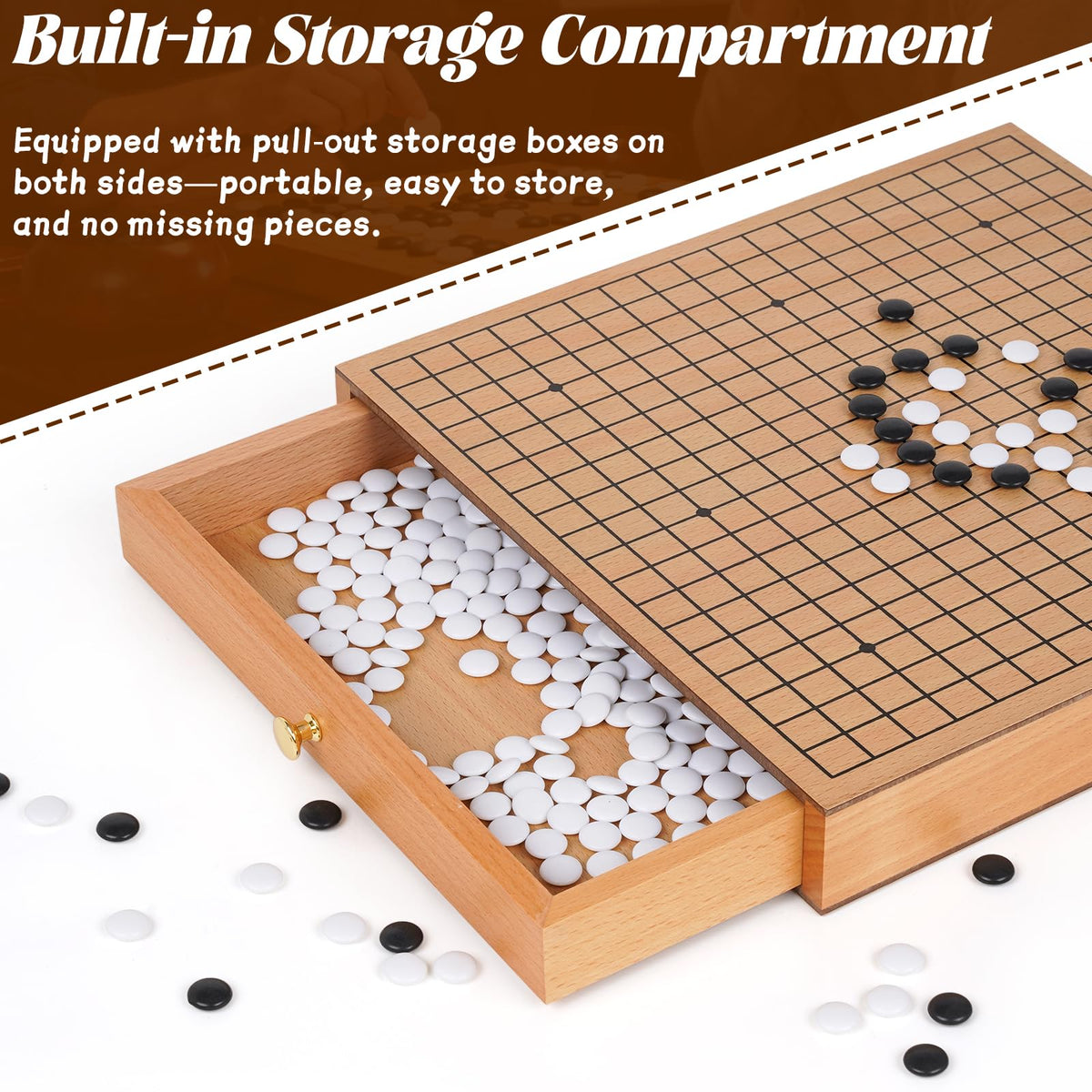Agirlgle Go board with pull-out drawers for organized stone storage
