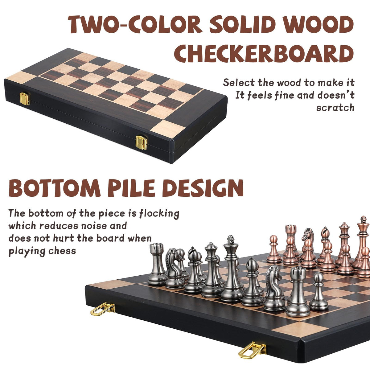 Agirlgle metal chess pieces in silver and bronze, weighted for premium feel.