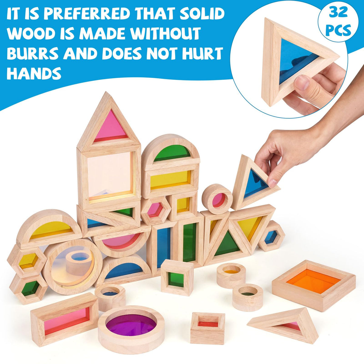 Close-up of Agirlgle rainbow blocks showing durable hardwood and safe design.