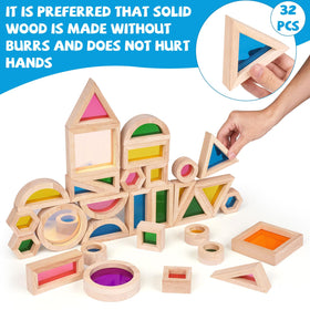 Close-up of Agirlgle rainbow blocks showing durable hardwood and safe design.