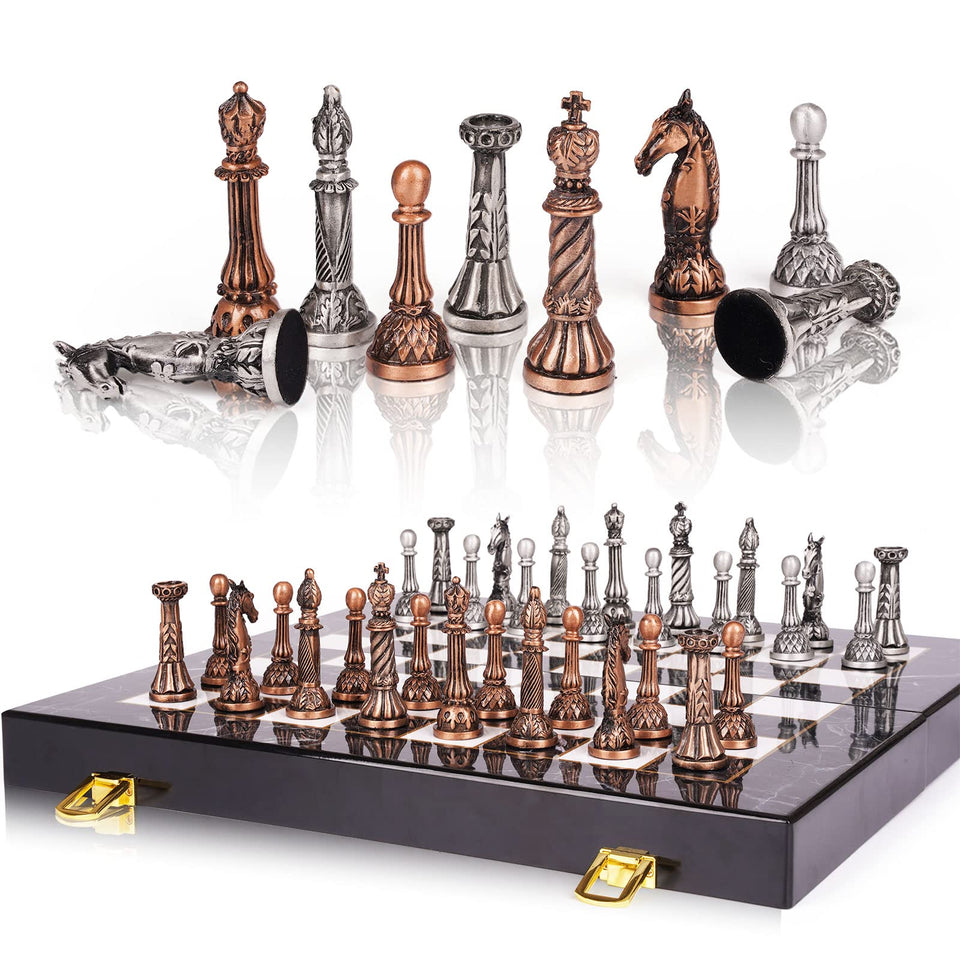 Agirlgle retro metal chess set board folding for easy storage.