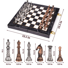 Agirlgle retro metal chess set in-hand play action.