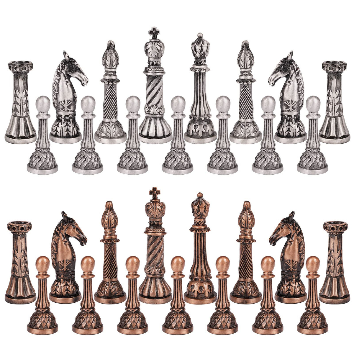 Agirlgle retro metal chess set pieces with bronze and silver finish.
