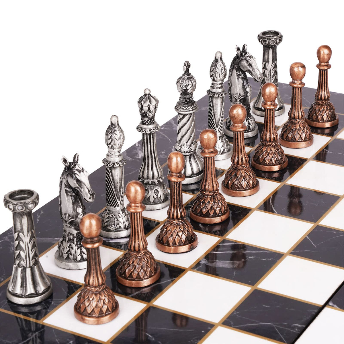 Agirlgle retro metal chess set fixed storage keeps pieces secure.