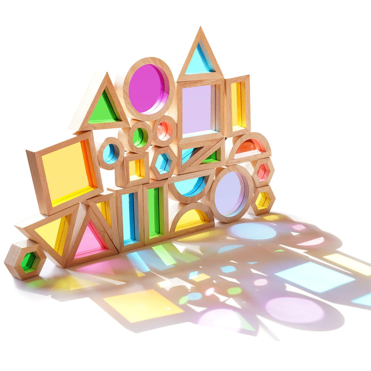 Agirlgle rainbow blocks support color recognition and early math play.