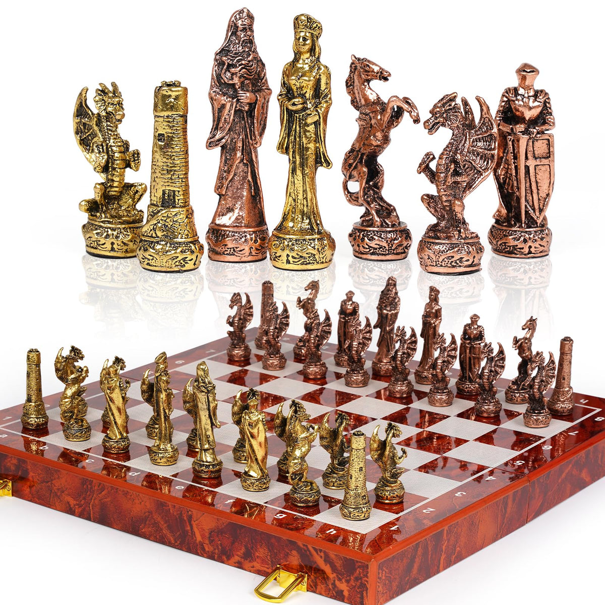 Agirlgle vintage metal chess pieces with intricate detailing for display and play