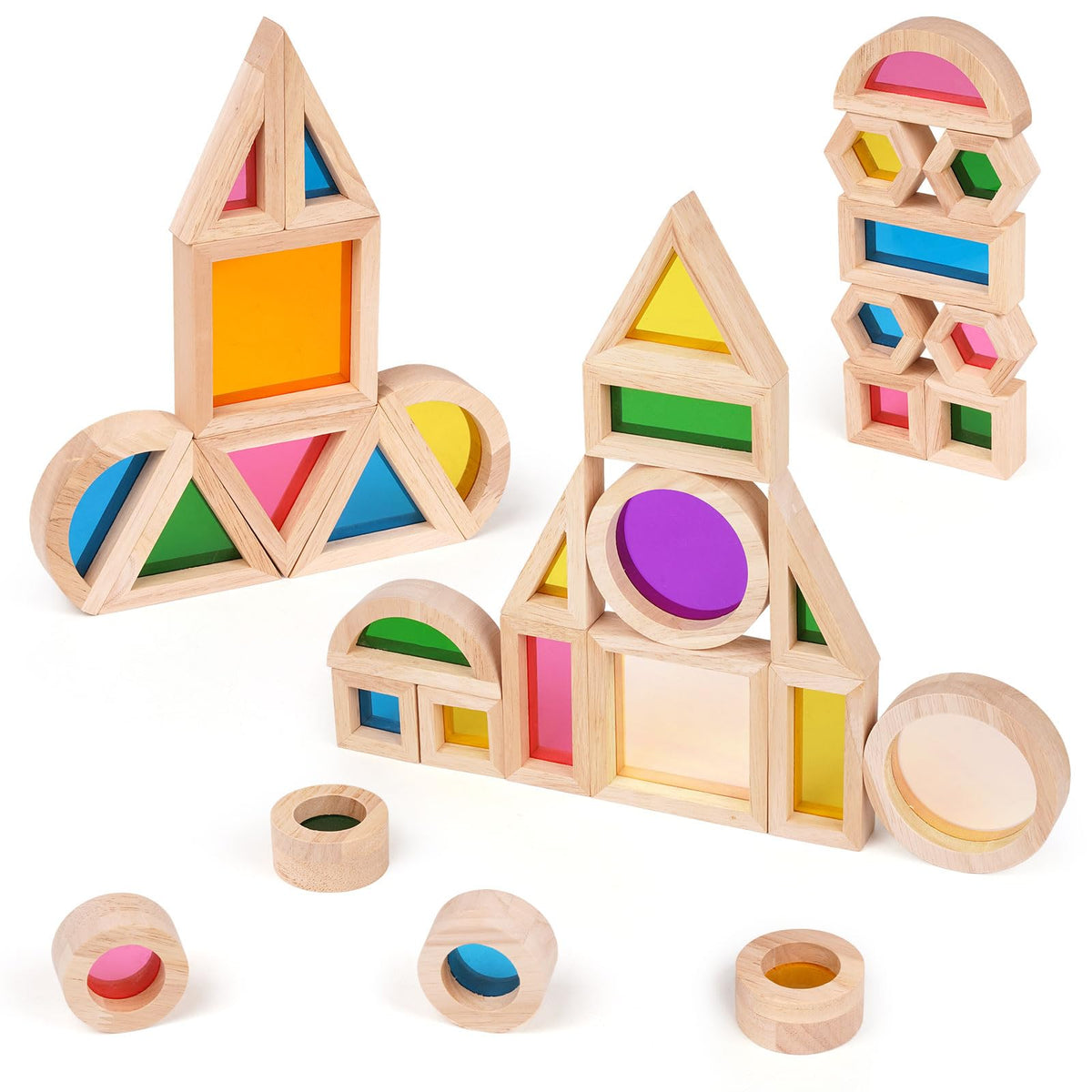 Agirlgle wooden blocks arranged for preschool learning and shape recognition.