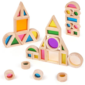 Agirlgle wooden blocks arranged for preschool learning and shape recognition.