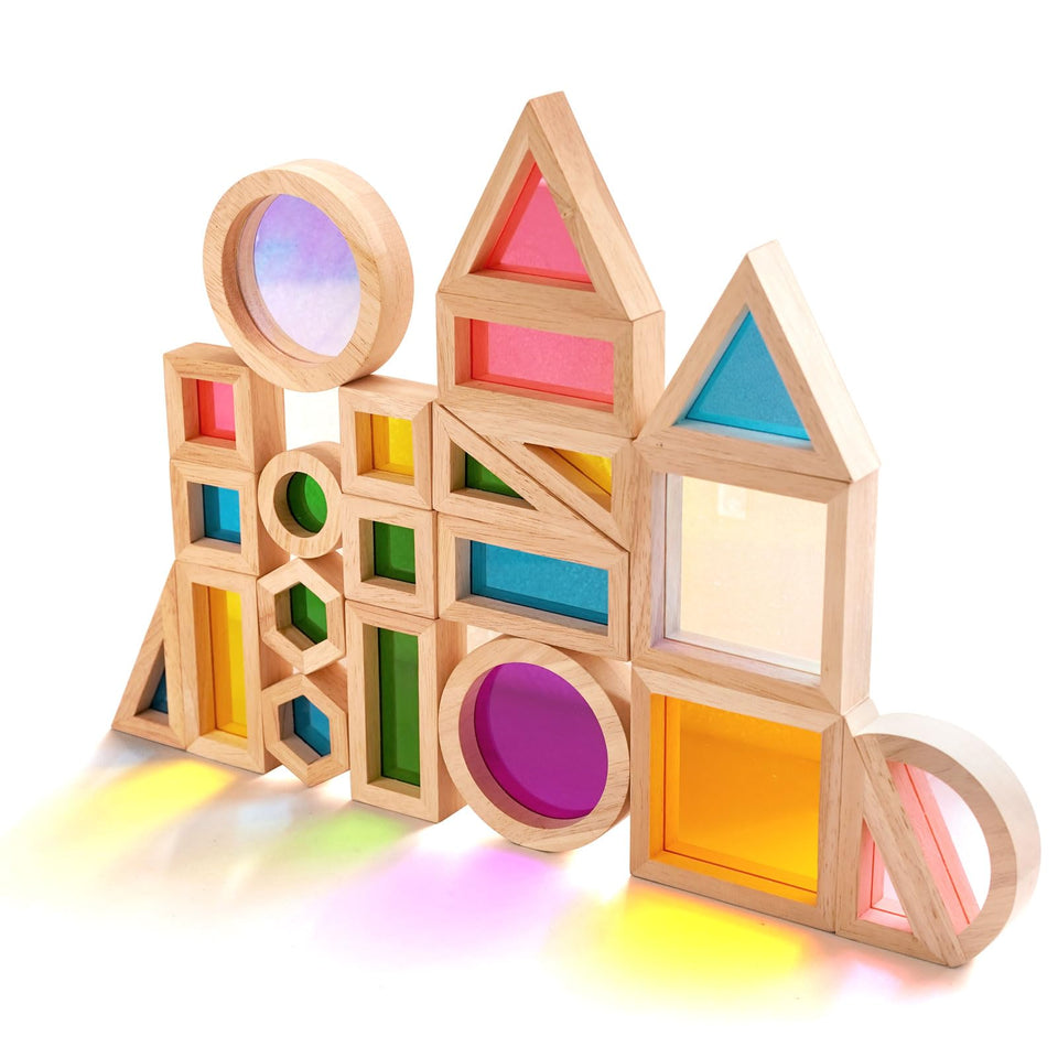 Agirlgle wooden rainbow blocks, 32-piece set, bright colors for creative stacking.