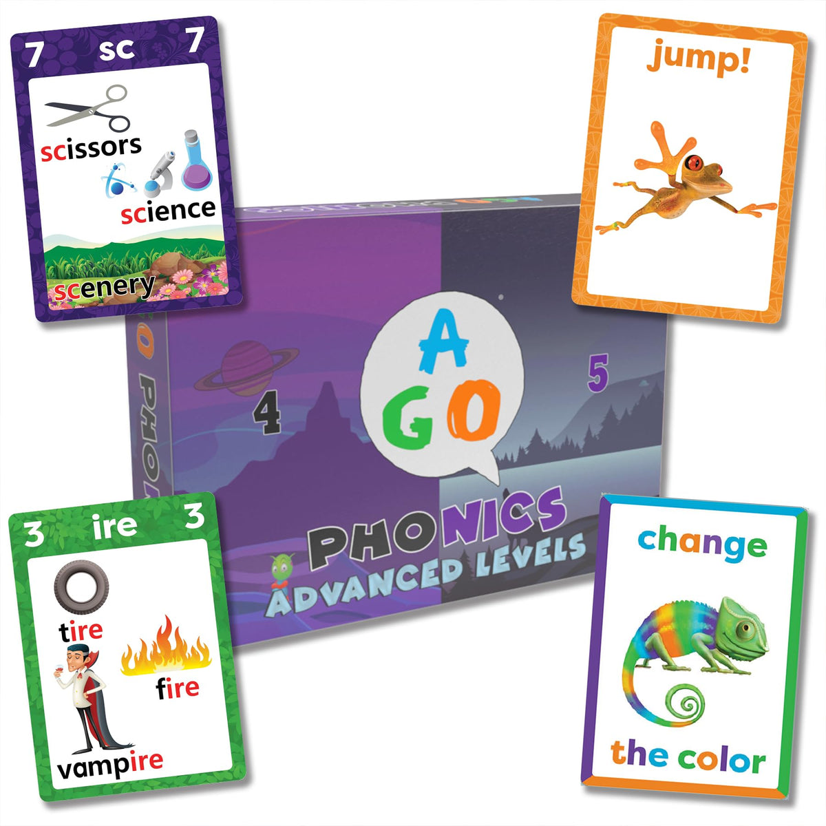 AGO Phonics advanced set level 4-5 cards engage learners with challenging phonemes and spelling patterns.