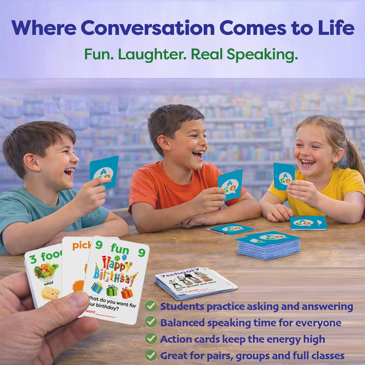 AGO QnA ESL Card Game advanced deck challenges fluency with complex prompts.