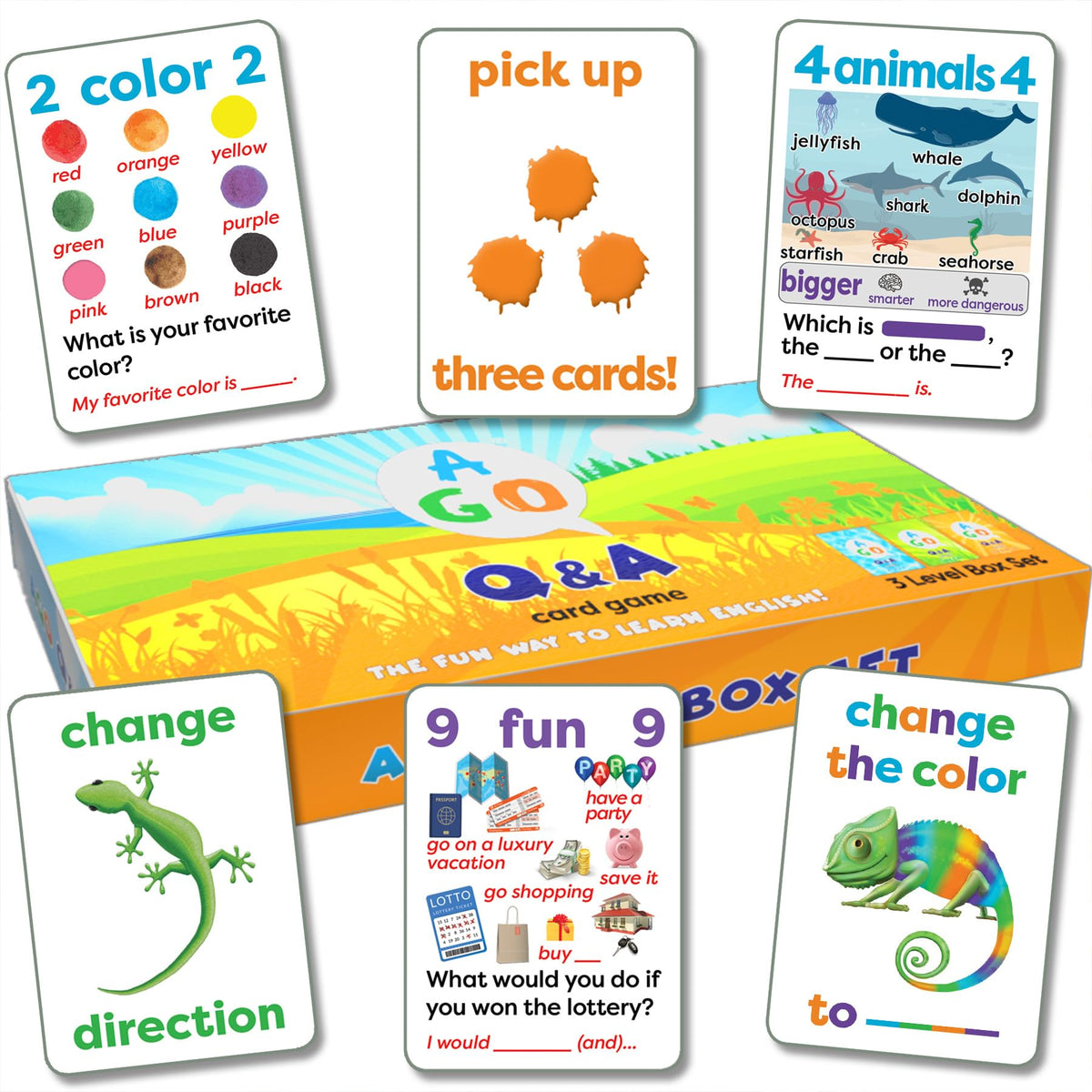 AGO QnA ESL Card Game beginner deck cards facilitate simple conversation practice.