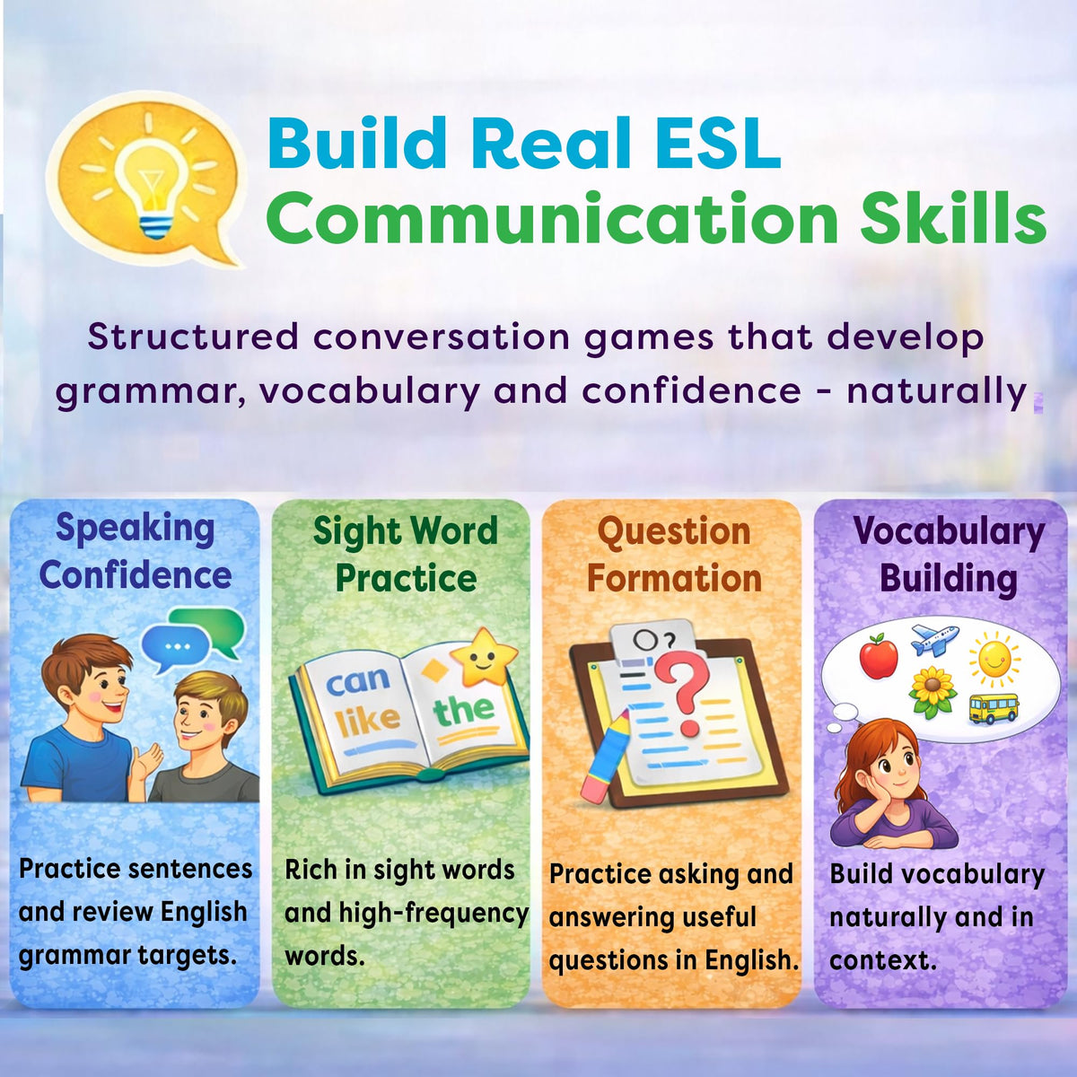 AGO QnA ESL Card Game illustrated question cards with engaging visuals.