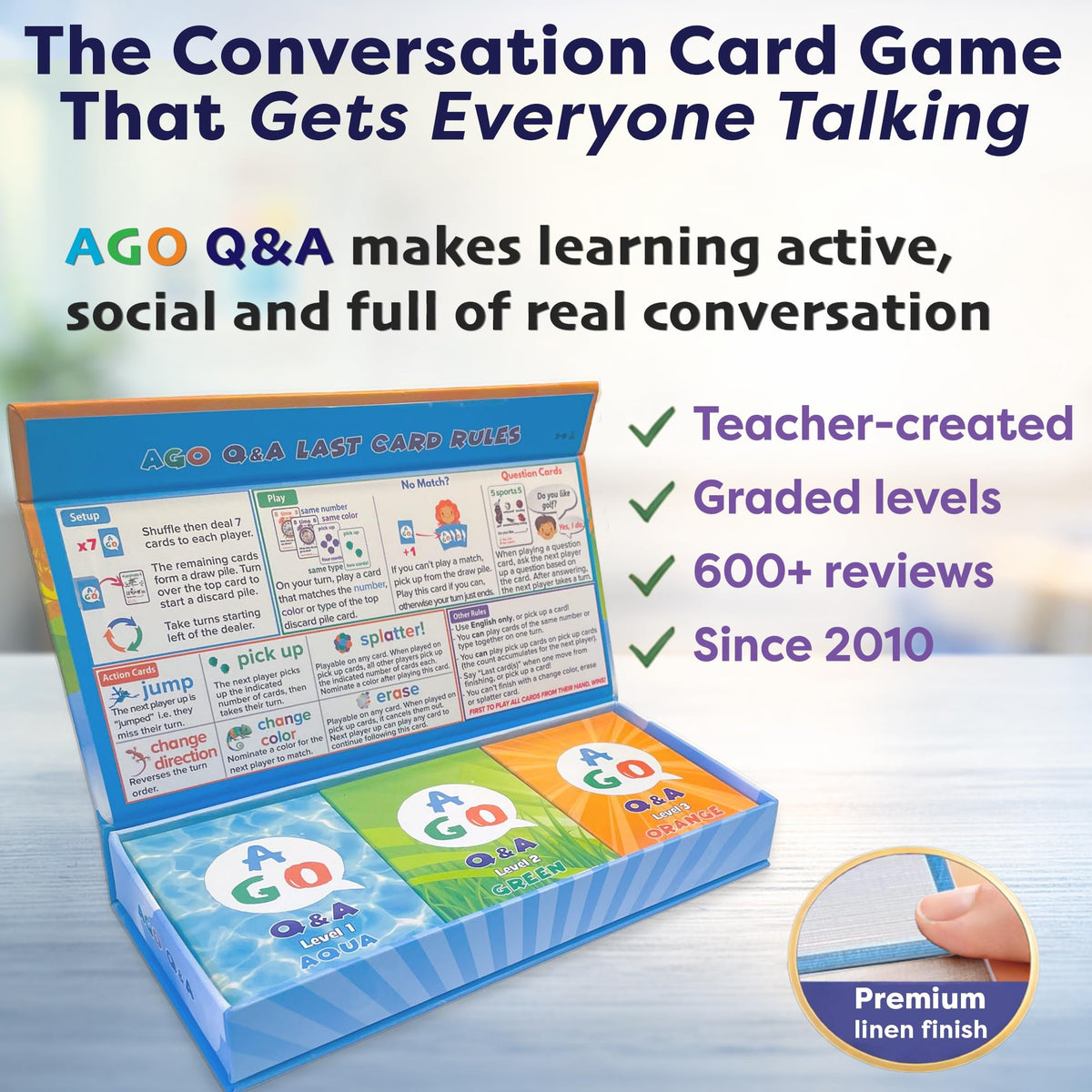 AGO QnA ESL Card Game intermediate deck supports expanding vocabulary through prompts.