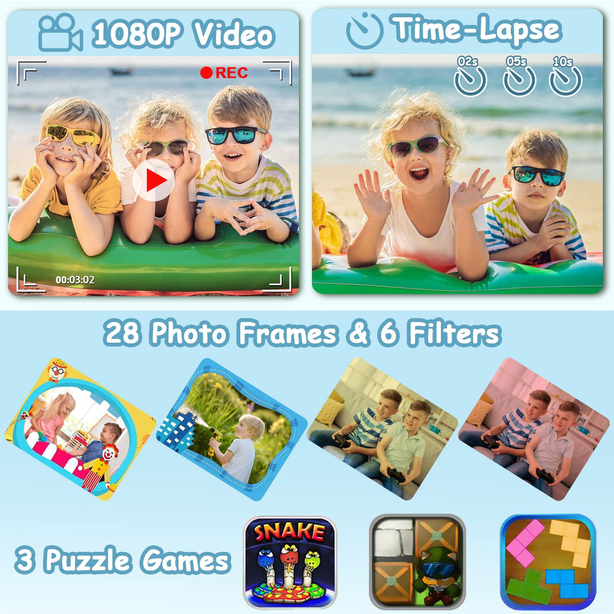 Agoigo kids camera with 32GB microSD card included for expanded storage