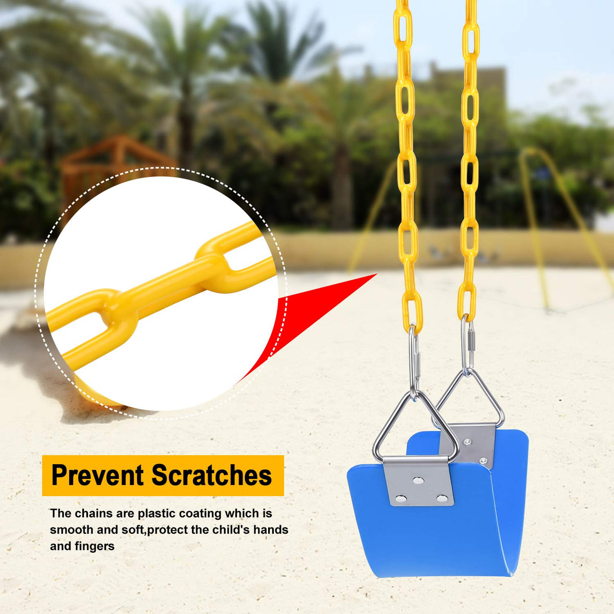 AGPTEK blue swing seat installed in an outdoor playground setting.