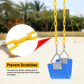 AGPTEK blue swing seat installed in an outdoor playground setting.