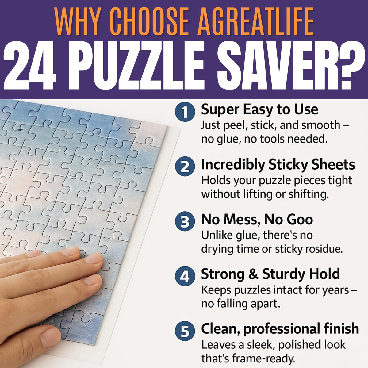 AGREATLIFE puzzle saver sheets hangers close-up shows strong adhesive for secure display.