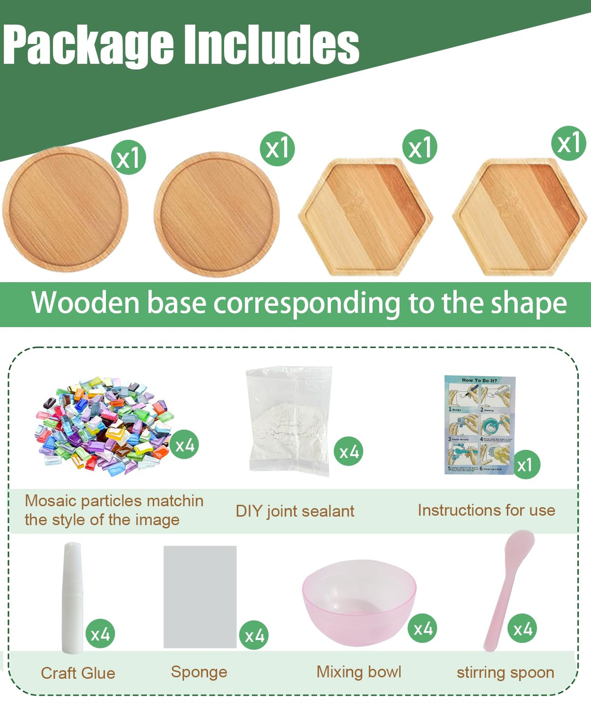 Round and square coaster bases for versatile mosaic layouts