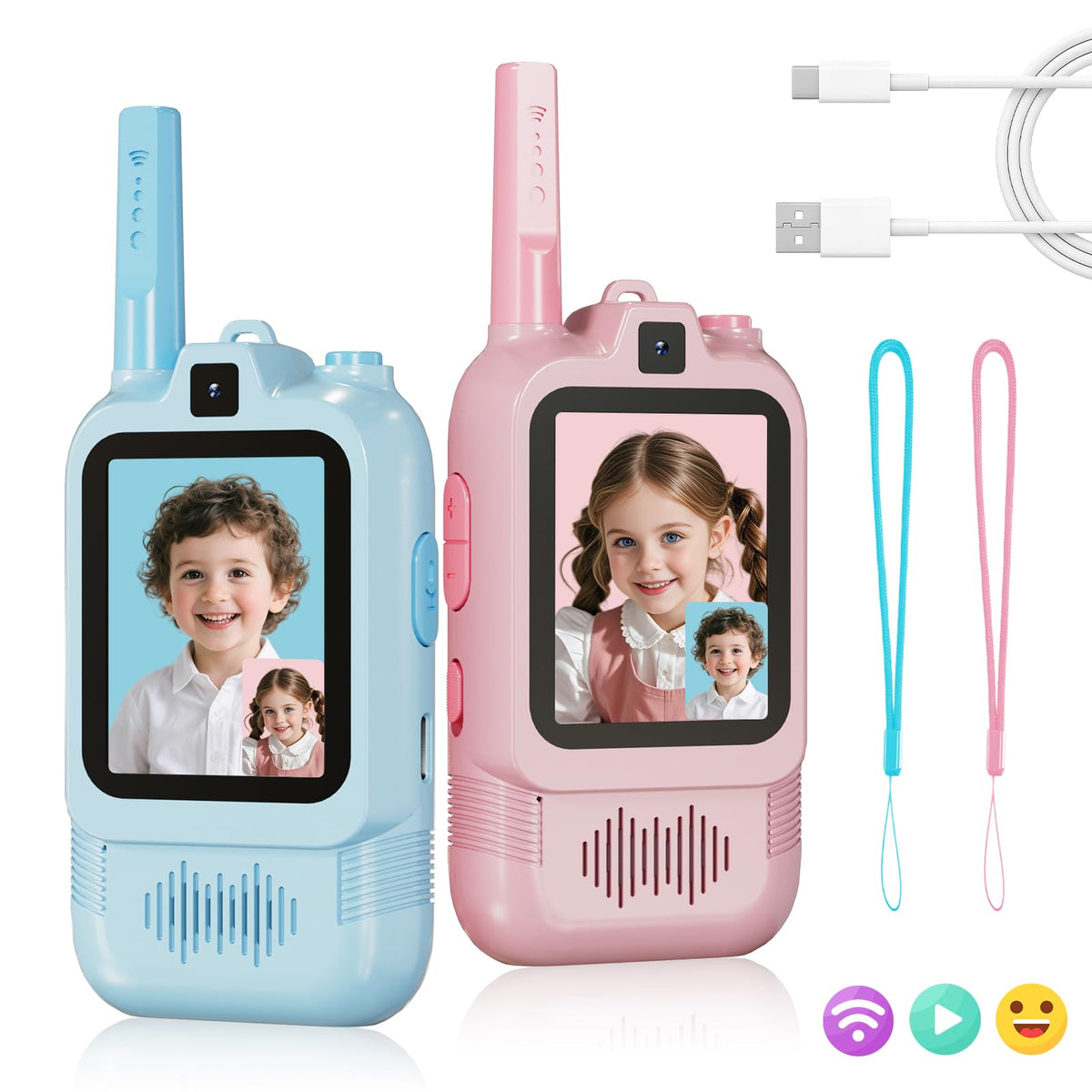 AH AEHIBO video walkie talkies blue front view, ideal for outdoor play and quick pairing