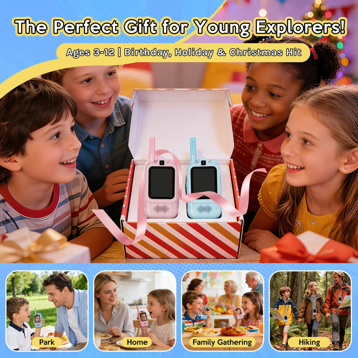 Kids using AH AEHIBO devices during outdoor park outing for connected play