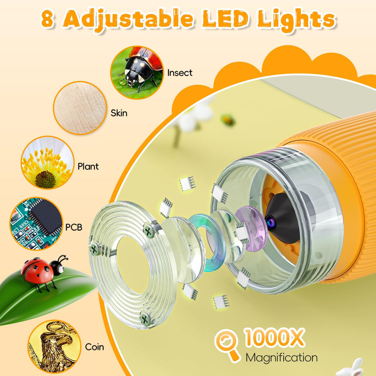 Ahalfcit microscope with eight LEDs and three lighting modes for clarity.