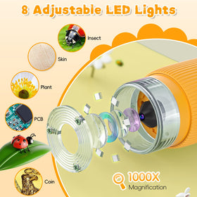 Ahalfcit microscope with eight LEDs and three lighting modes for clarity.
