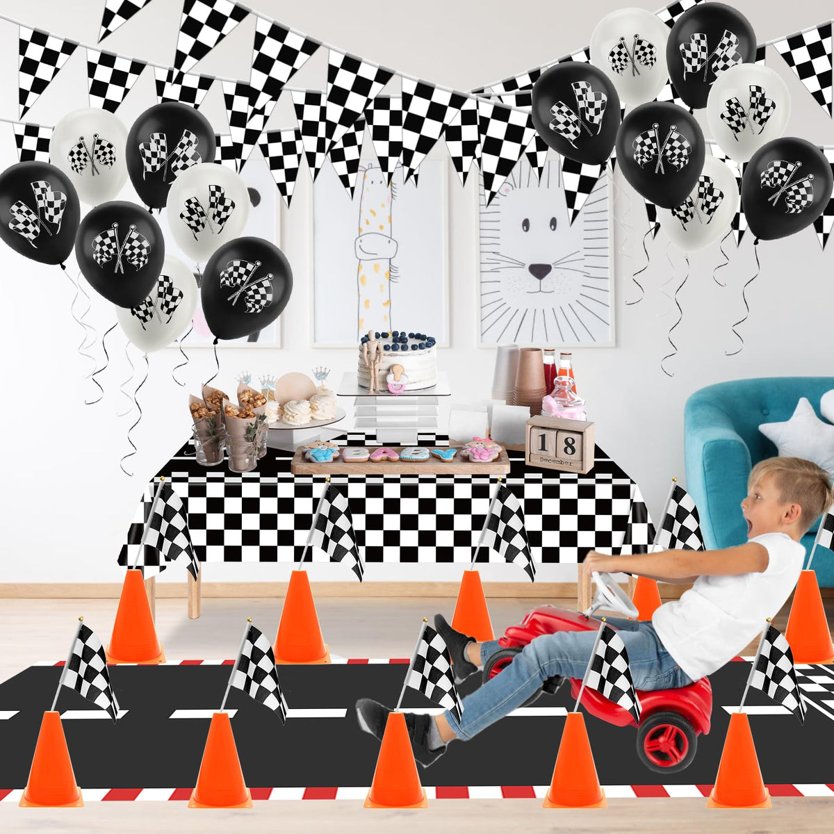 AHIER balloons enhance excitement and complete the race-themed scene.