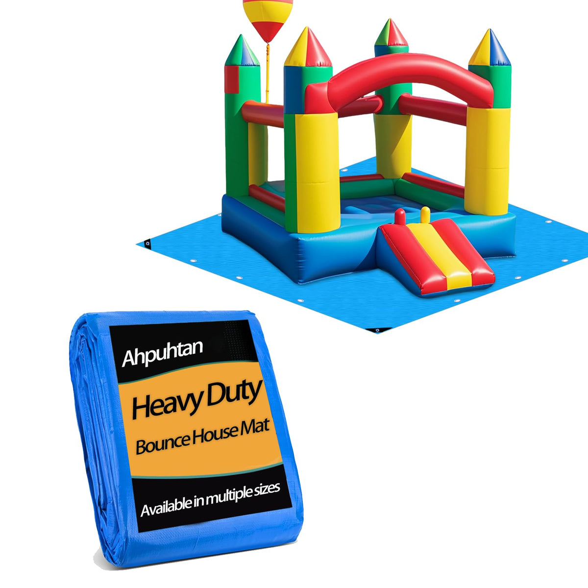 Ahpuhtan bounce house mat ground protector for grass and concrete surfaces.