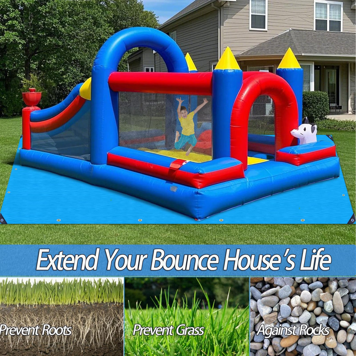 Ahpuhtan cuttable bounce house mat supports size adjustment for a perfect fit.