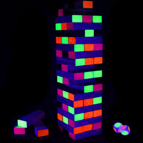 Ahuimeius Glow Tumble Tower assembly with premium pine blocks for durable, satisfying stacking play.