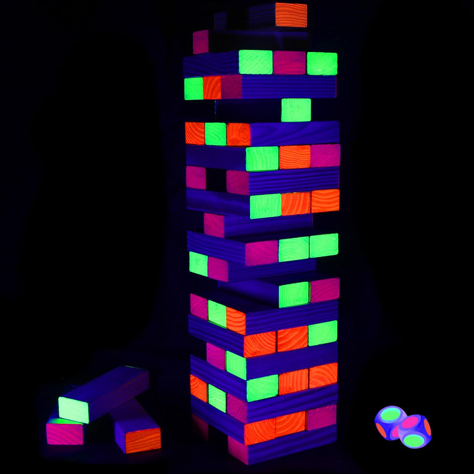 Ahuimeius Glow Tumble Tower assembly with premium pine blocks for durable, satisfying stacking play.