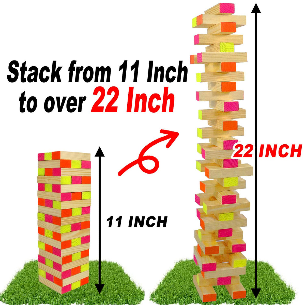 Ahuimeius Glow Tumble Tower closeup of wooden blocks with smooth edges for safe handling.