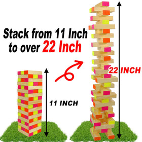 Ahuimeius Glow Tumble Tower closeup of wooden blocks with smooth edges for safe handling.
