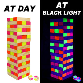 Ahuimeius Glow Tumble Tower night play under blacklight, highlighting glowing blocks for exciting ambiance.