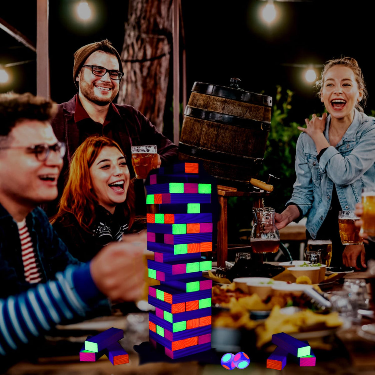 Ahuimeius Glow Tumble Tower outdoor backyard setup for dusk gatherings.