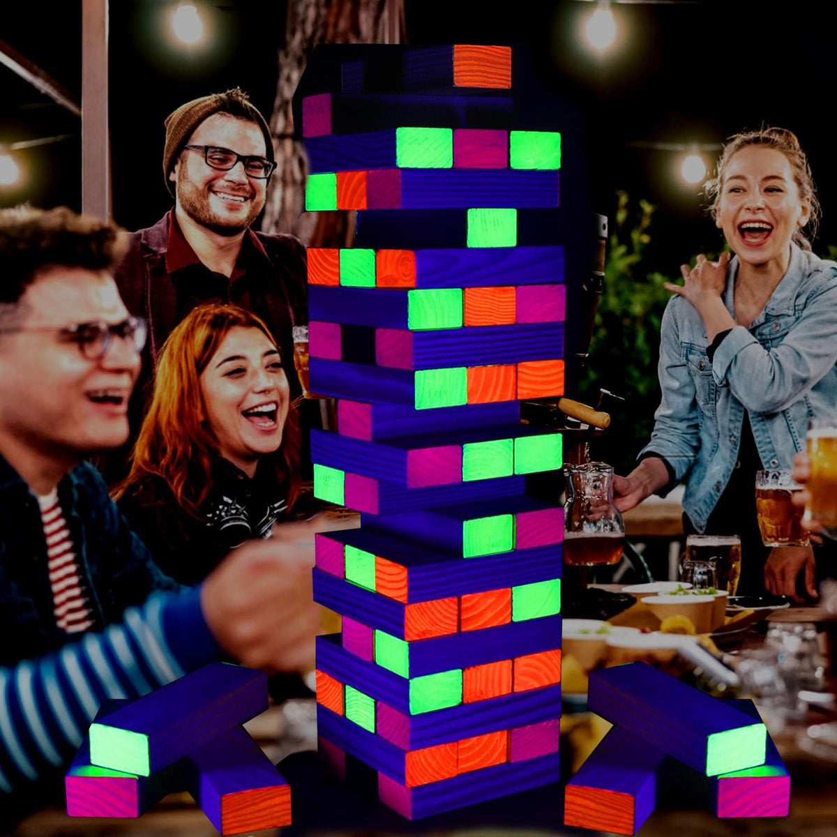Ahuimeius outdoor backyard party setup with glow-in-the-dark tower and lamps.