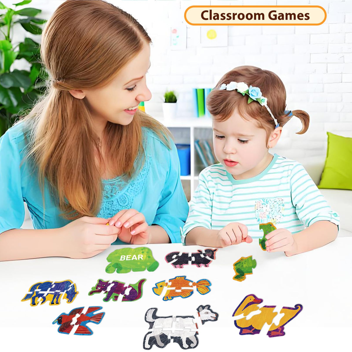 Ai fsem Brown Bear wooden puzzle pieces close-up highlights colorful animal illustrations.