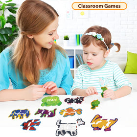 Ai fsem Brown Bear wooden puzzle pieces close-up highlights colorful animal illustrations.