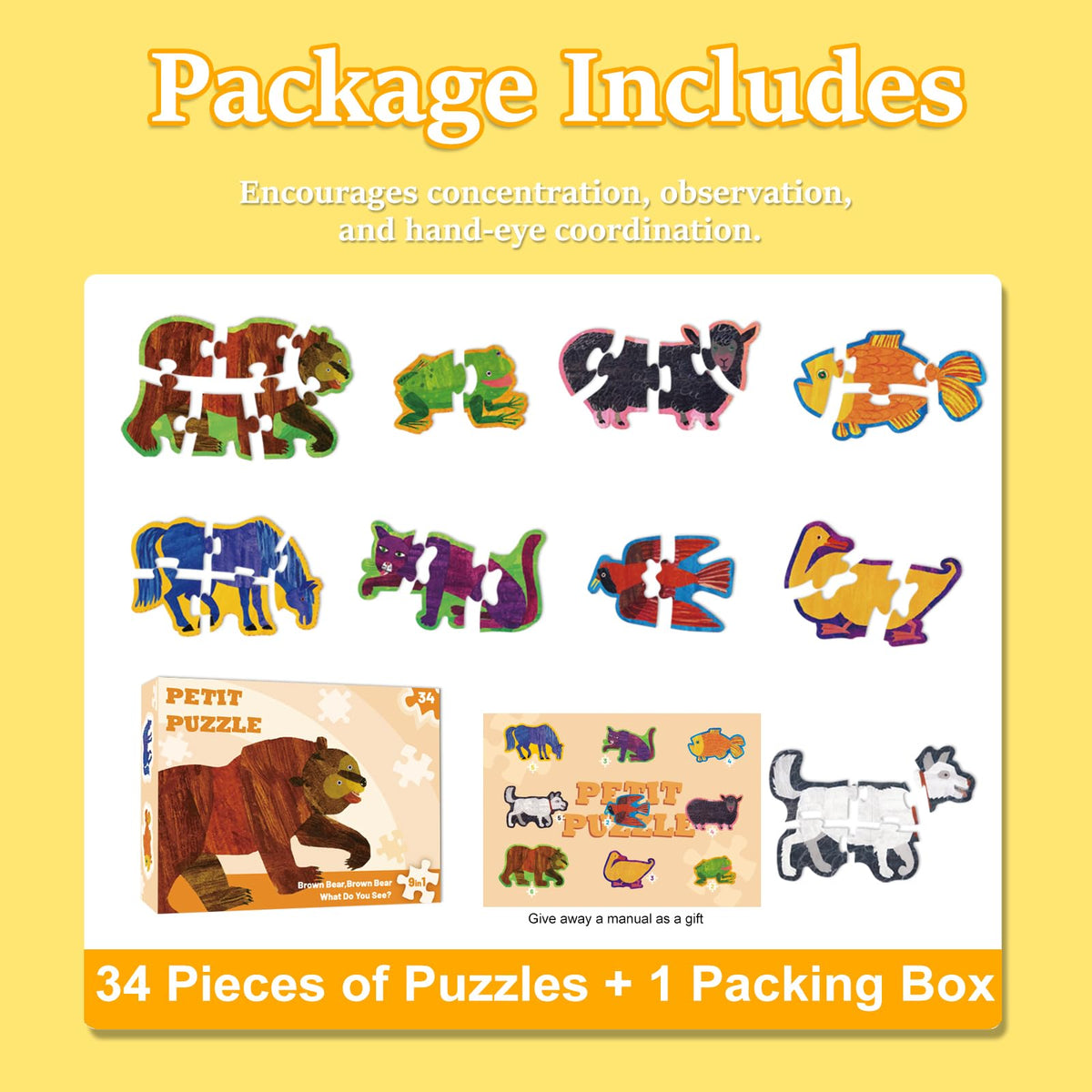 Ai fsem Brown Bear wooden puzzle encourages independent play and parent-child learning moments.